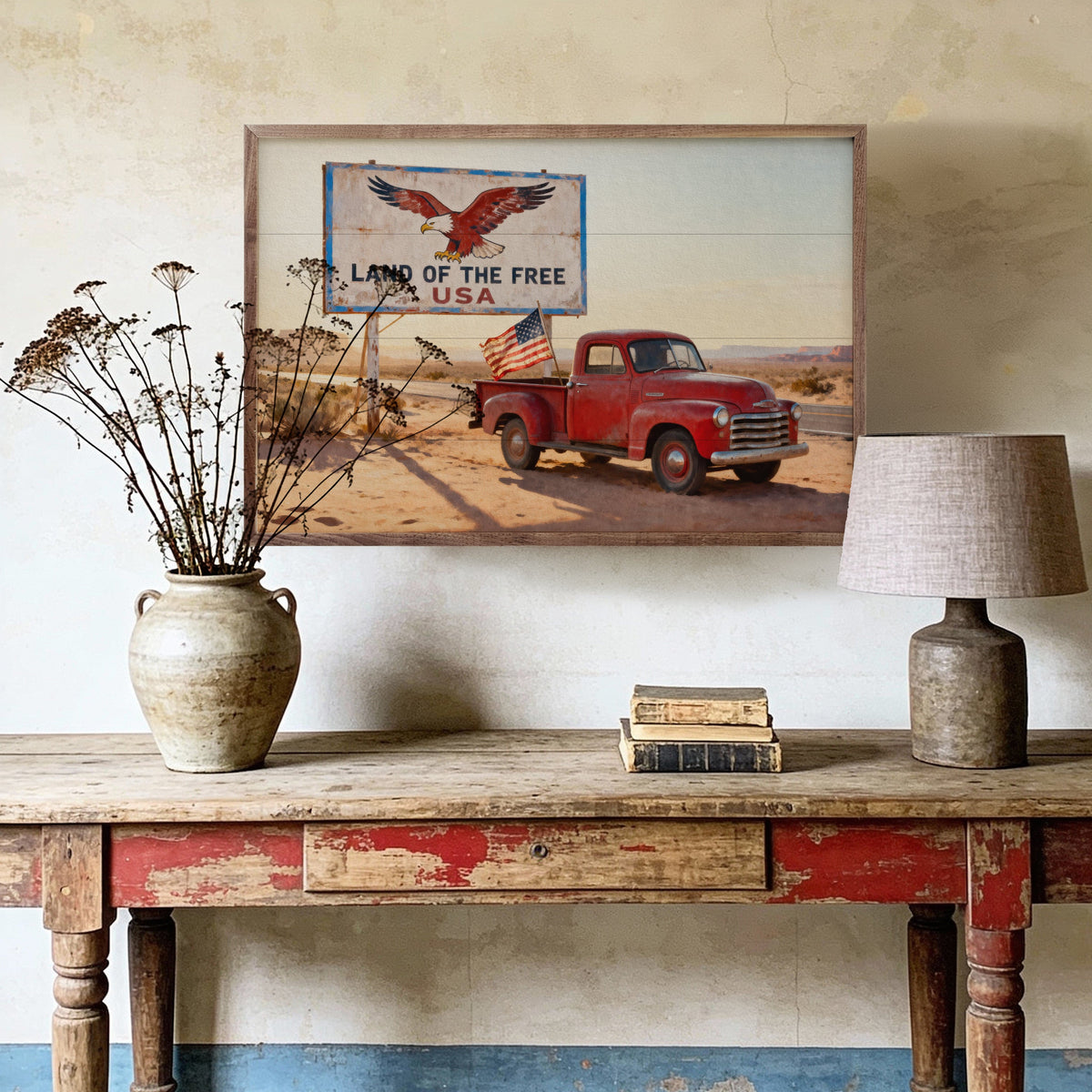 Kendrick Home Walnut Frames Land Of The Free Truck Print Printed and Framed Wall Sign