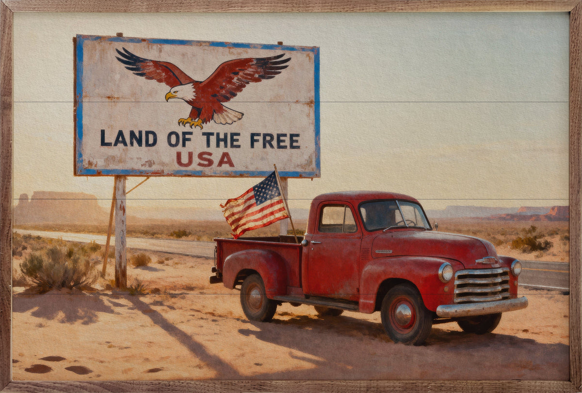 Kendrick Home Walnut Frames Sizes Land Of The Free Truck Print Printed and Framed Wall Sign