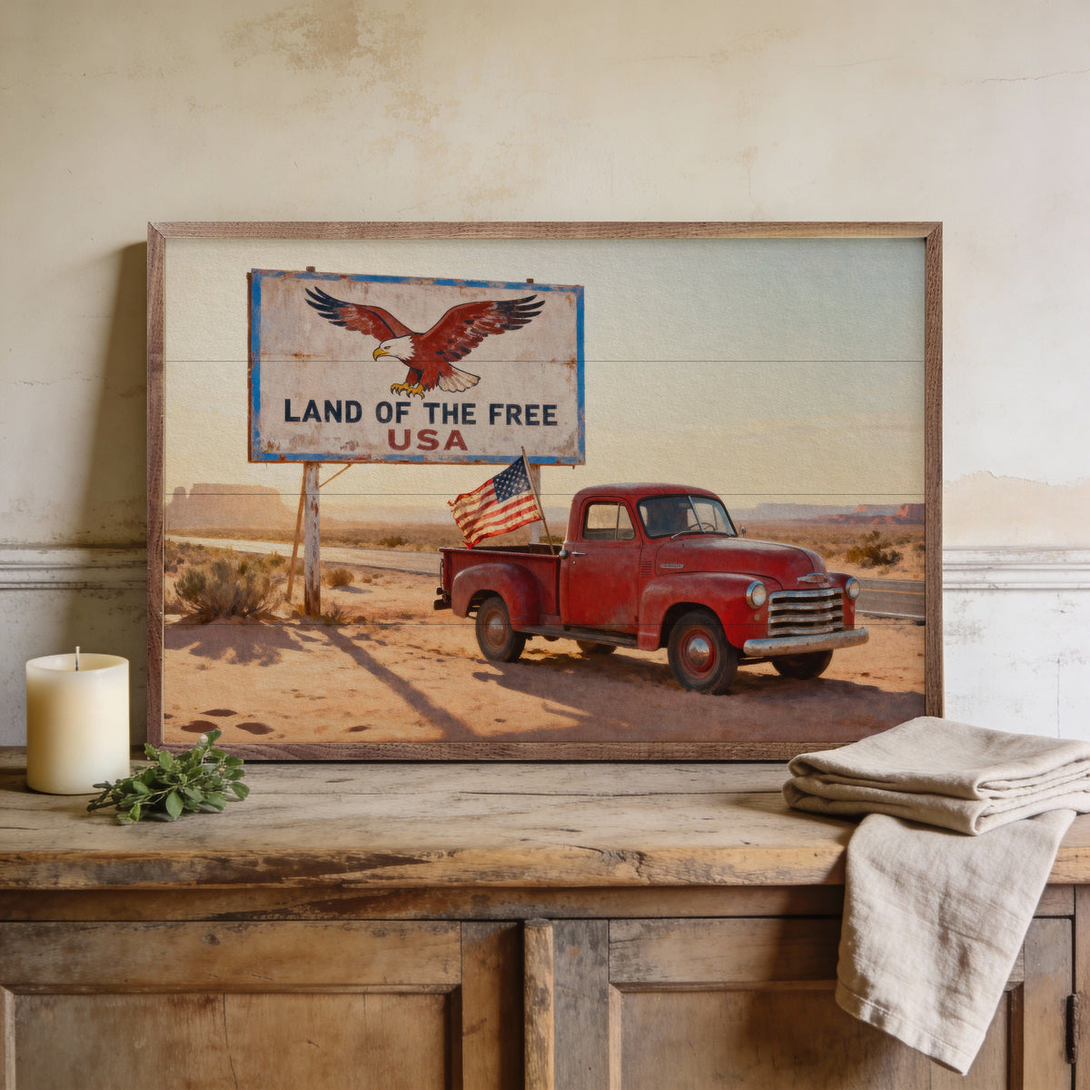 Kendrick Home Walnut Frames Land Of The Free Truck Print Printed and Framed Wall Sign