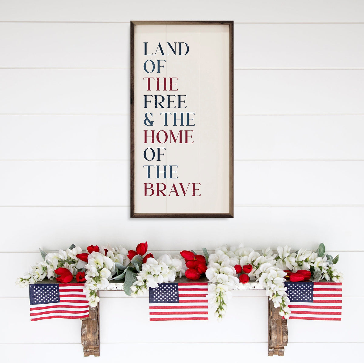 Kendrick Home Walnut Frames Land Of The Free Words White Printed and Framed Wall Sign