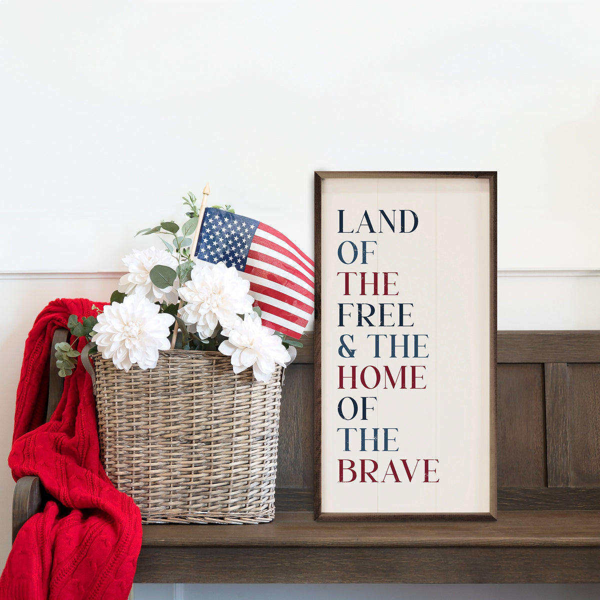 Kendrick Home Walnut Frames Land Of The Free Words White Printed and Framed Wall Sign