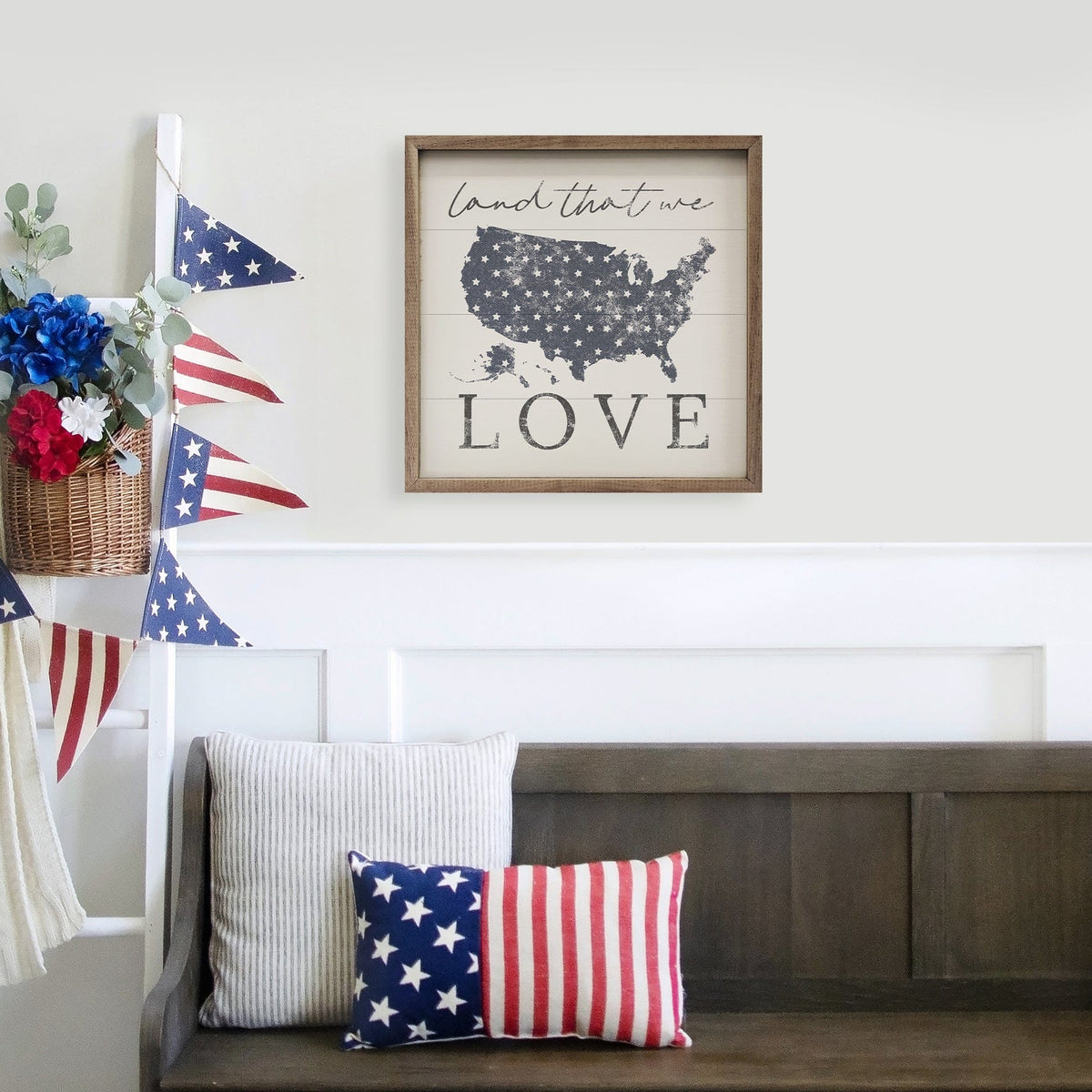 Kendrick Home Walnut Frames Land That We Love America White Printed and Framed Wall Sign