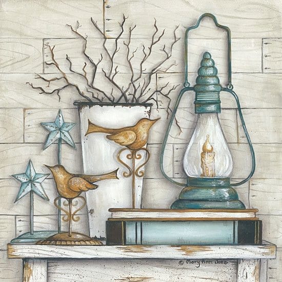 Lantern On Books By Mary Ann June Art Print - 12 X 12-Penny Lane Publishing-The Village Merchant
