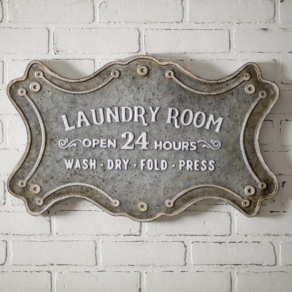 Laundry Room Open 24 Hours Sign - Embossed Metal-CTW Home-The Village Merchant