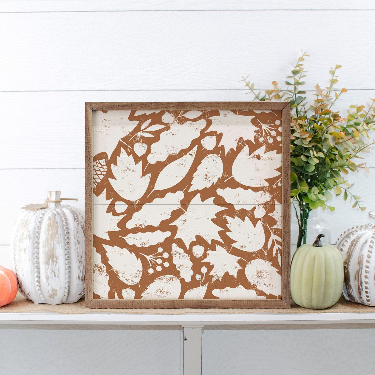 Kendrick Home Walnut Frames Leaf Pattern Orange And White