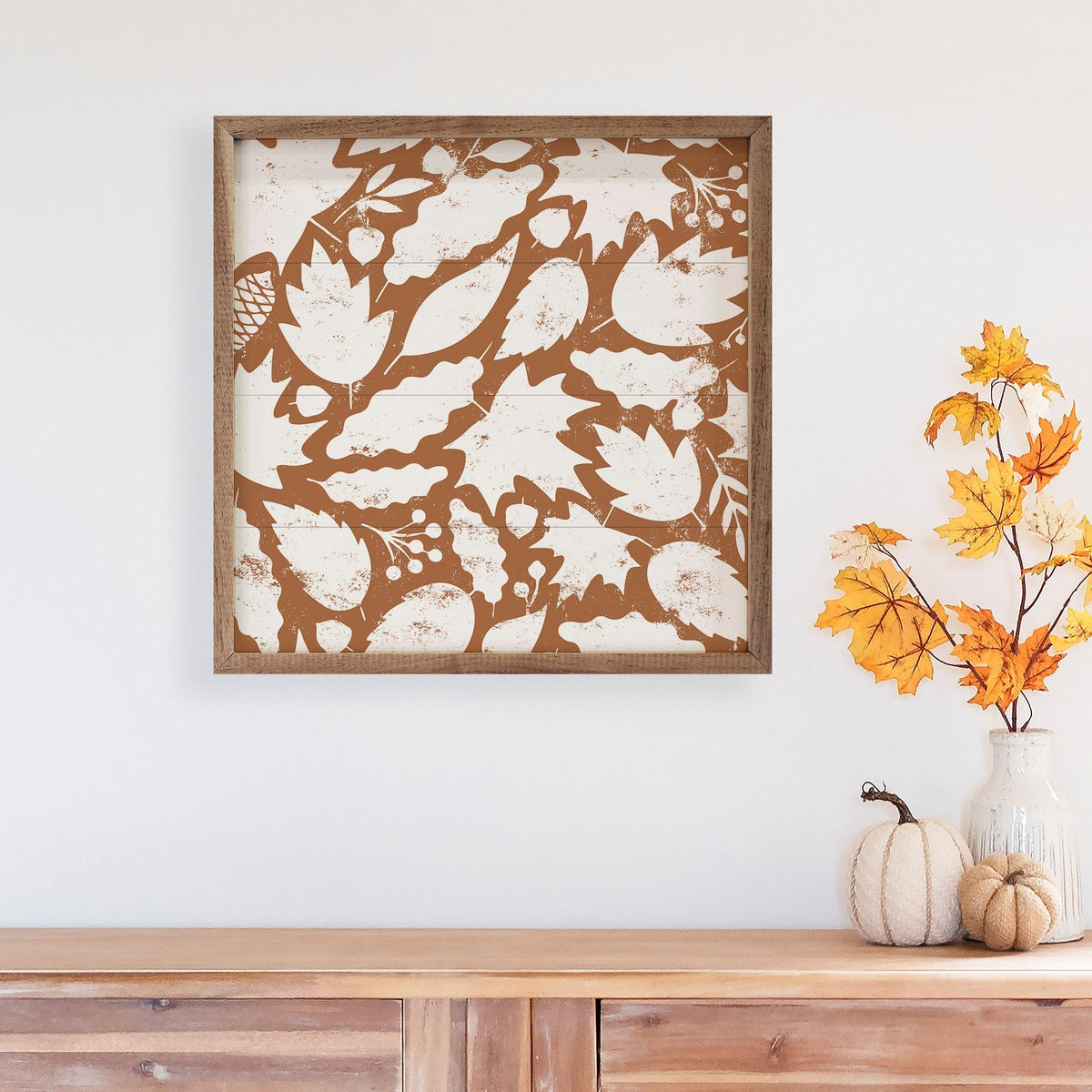 Kendrick Home Walnut Frames Leaf Pattern Orange And White Printed and Framed Wall Sign