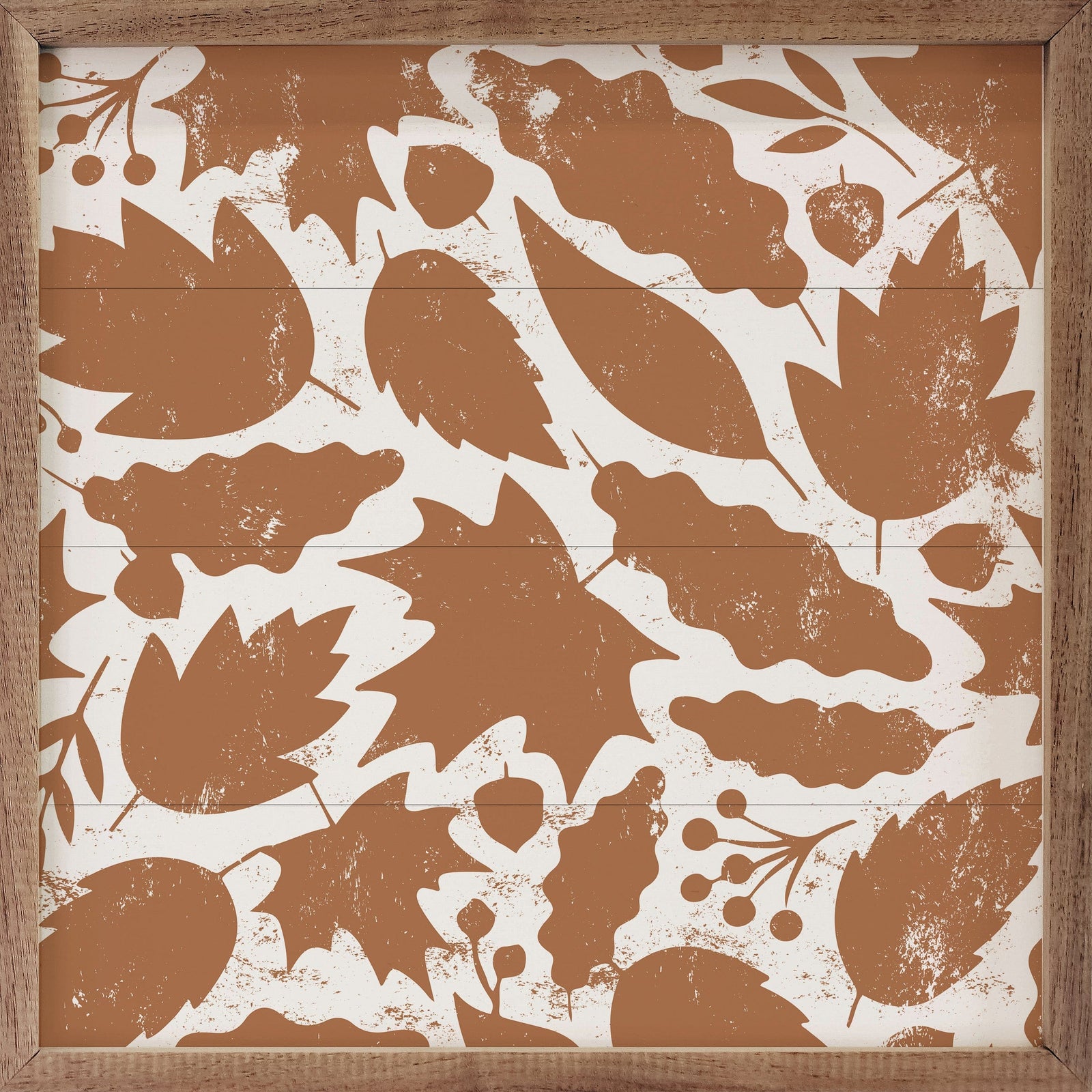 Kendrick Home Walnut Frames 4x4 Leaf Pattern White And Orange Printed and Framed Wall Sign