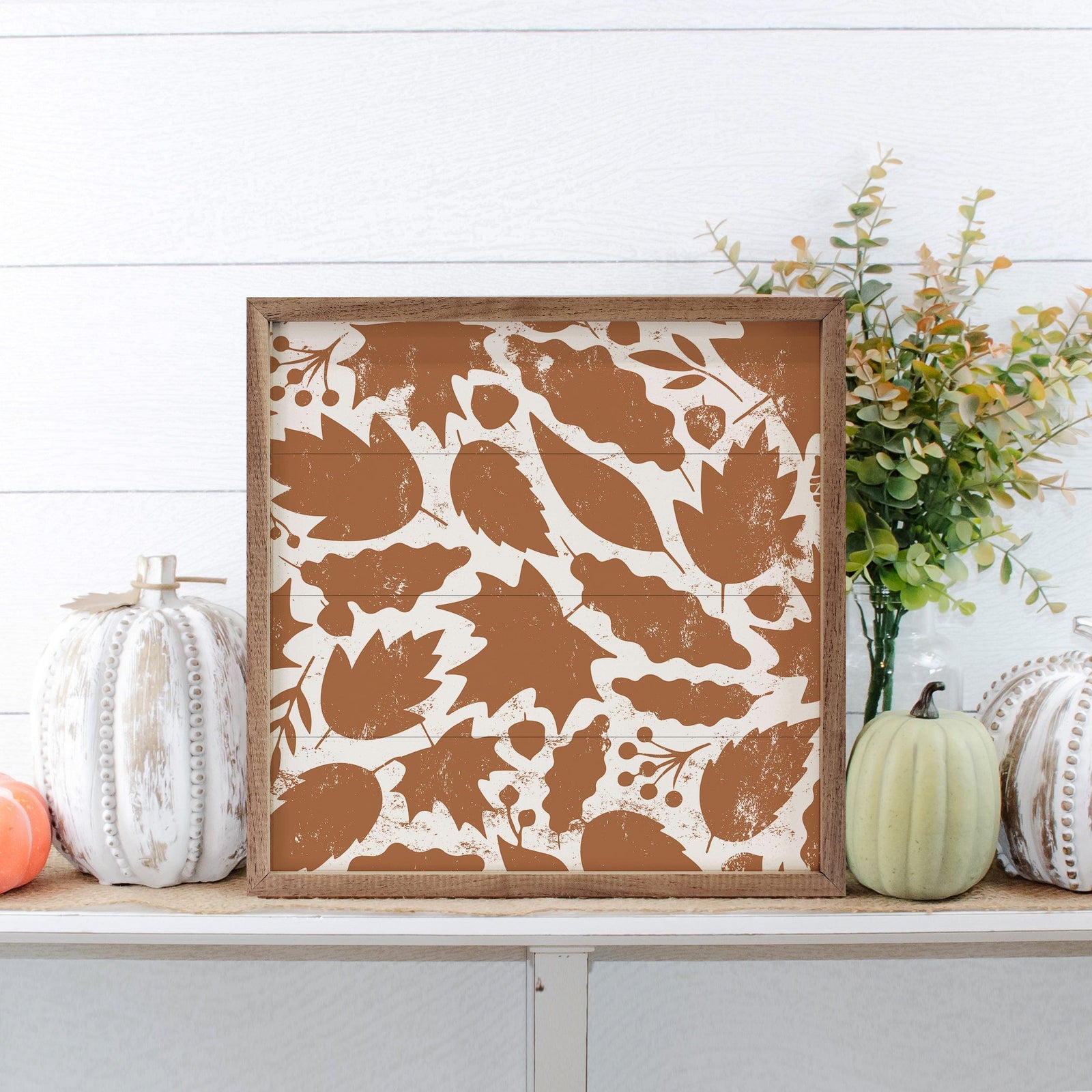 Kendrick Home Walnut Frames 4x4 Leaf Pattern White And Orange Printed and Framed Wall Sign