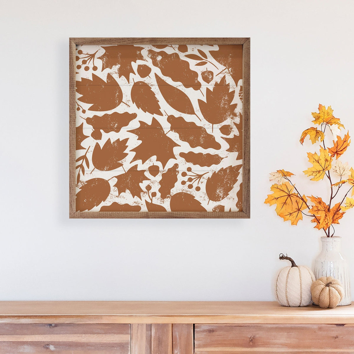 Kendrick Home Walnut Frames Leaf Pattern White And Orange Printed and Framed Wall Sign