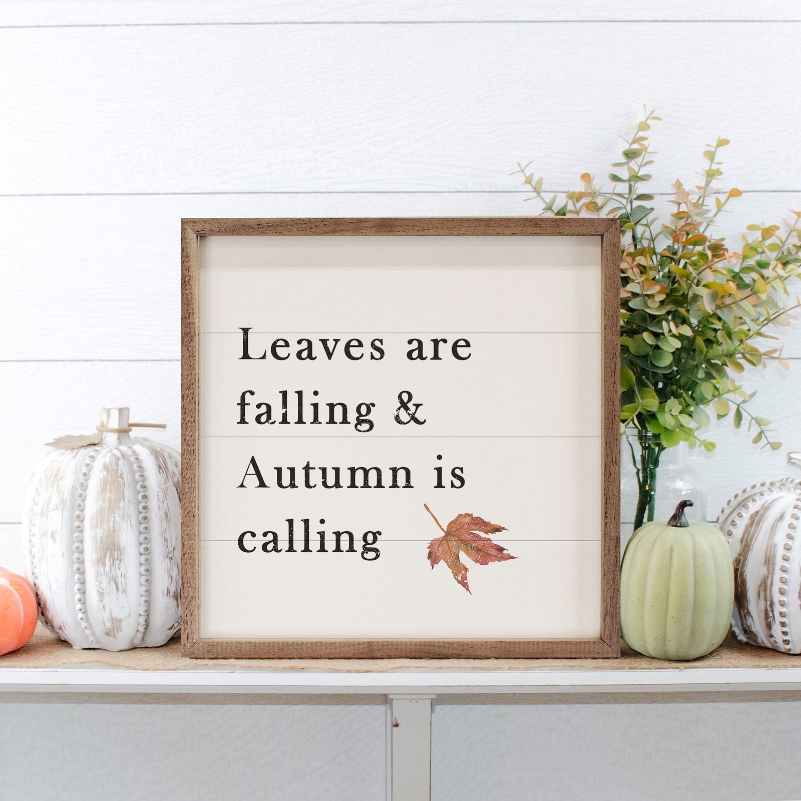 Kendrick Home Walnut Frames 4x4 Leaves Are Falling And Autumn Is Calling White Printed and Framed Wall Sign