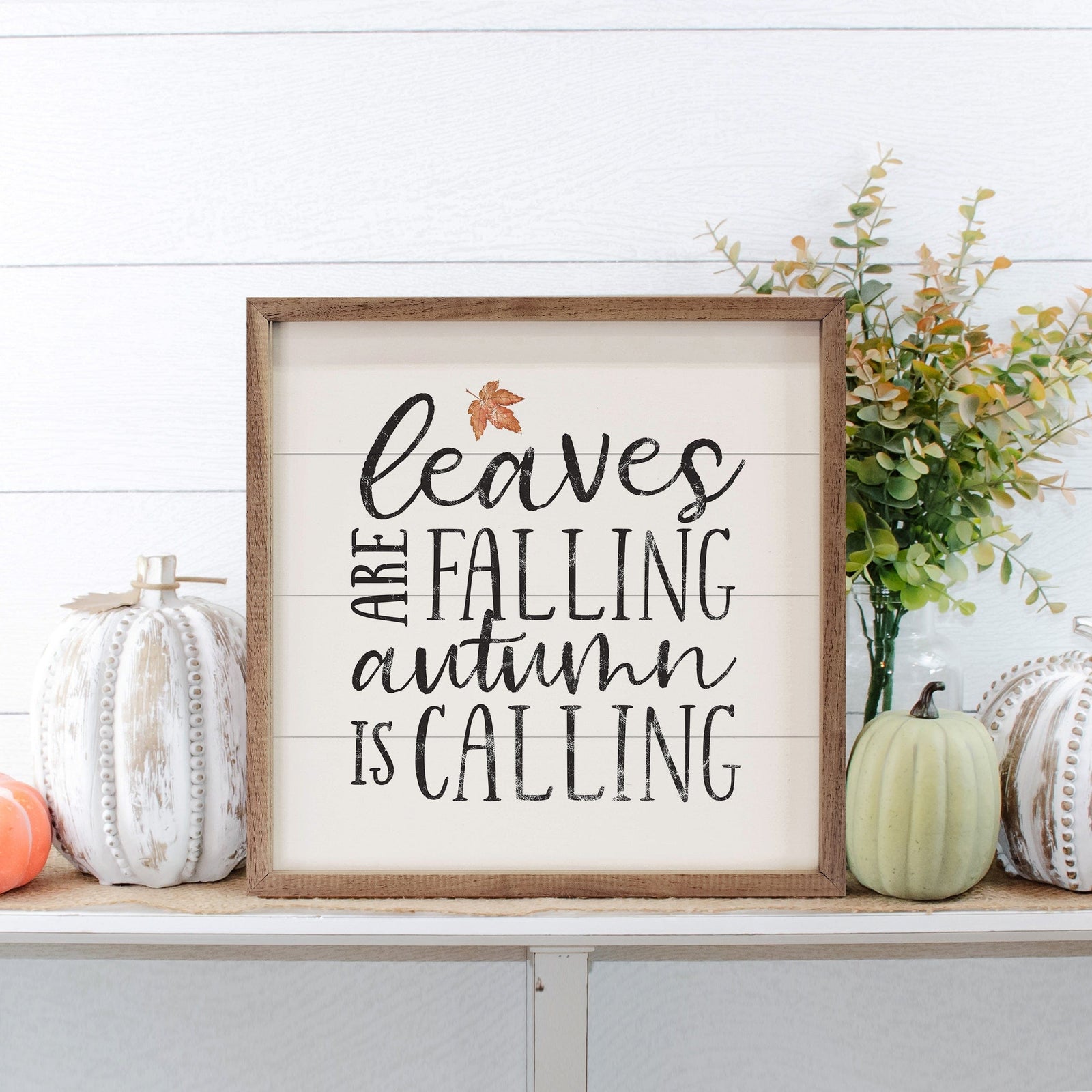 Kendrick Home Walnut Frames 4x4 Leaves Are Falling White Printed and Framed Wall Sign
