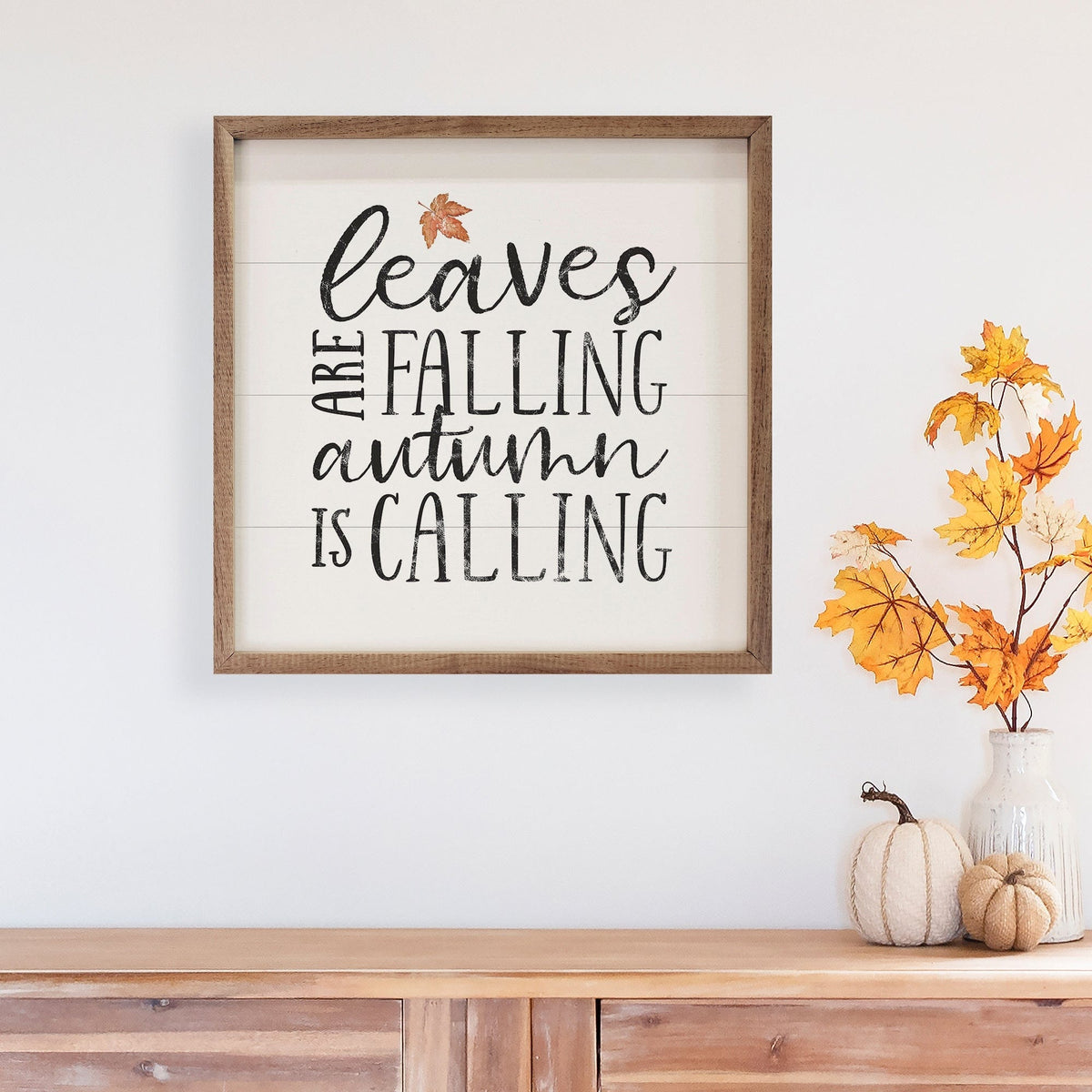 Kendrick Home Walnut Frames Leaves Are Falling White Printed and Framed Wall Sign