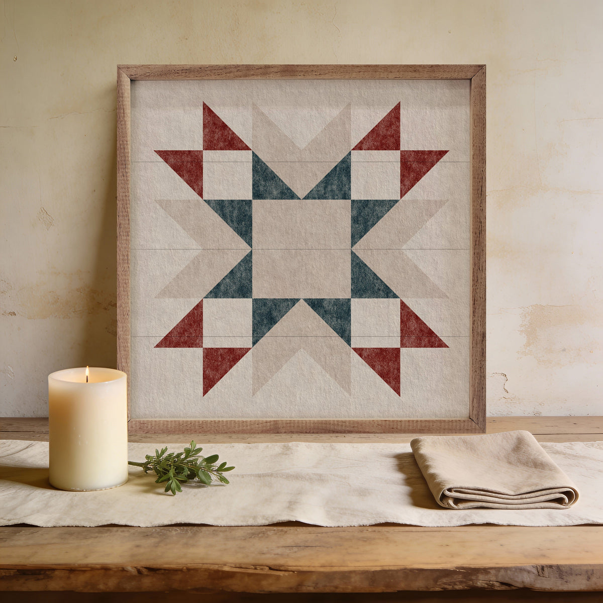 Kendrick Home Walnut Frames Liberty Star Quilt Block Printed and Framed Wall Sign