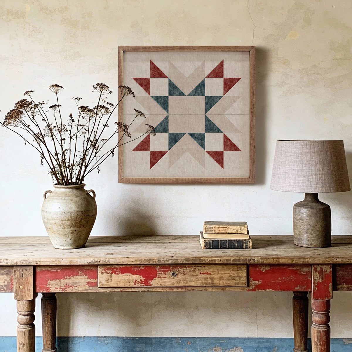 Kendrick Home Walnut Frames Liberty Star Quilt Block Printed and Framed Wall Sign