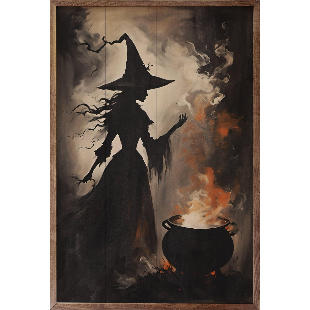 Kendrick Home Walnut Frames 5x8 Magic And Mystery Witch With Cauldron Printed and Framed Wall Sign