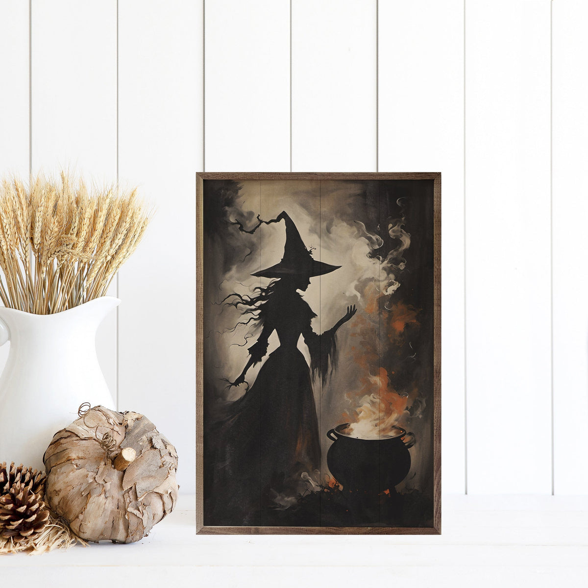 Kendrick Home Walnut Frames Magic And Mystery Witch With Cauldron Printed and Framed Wall Sign