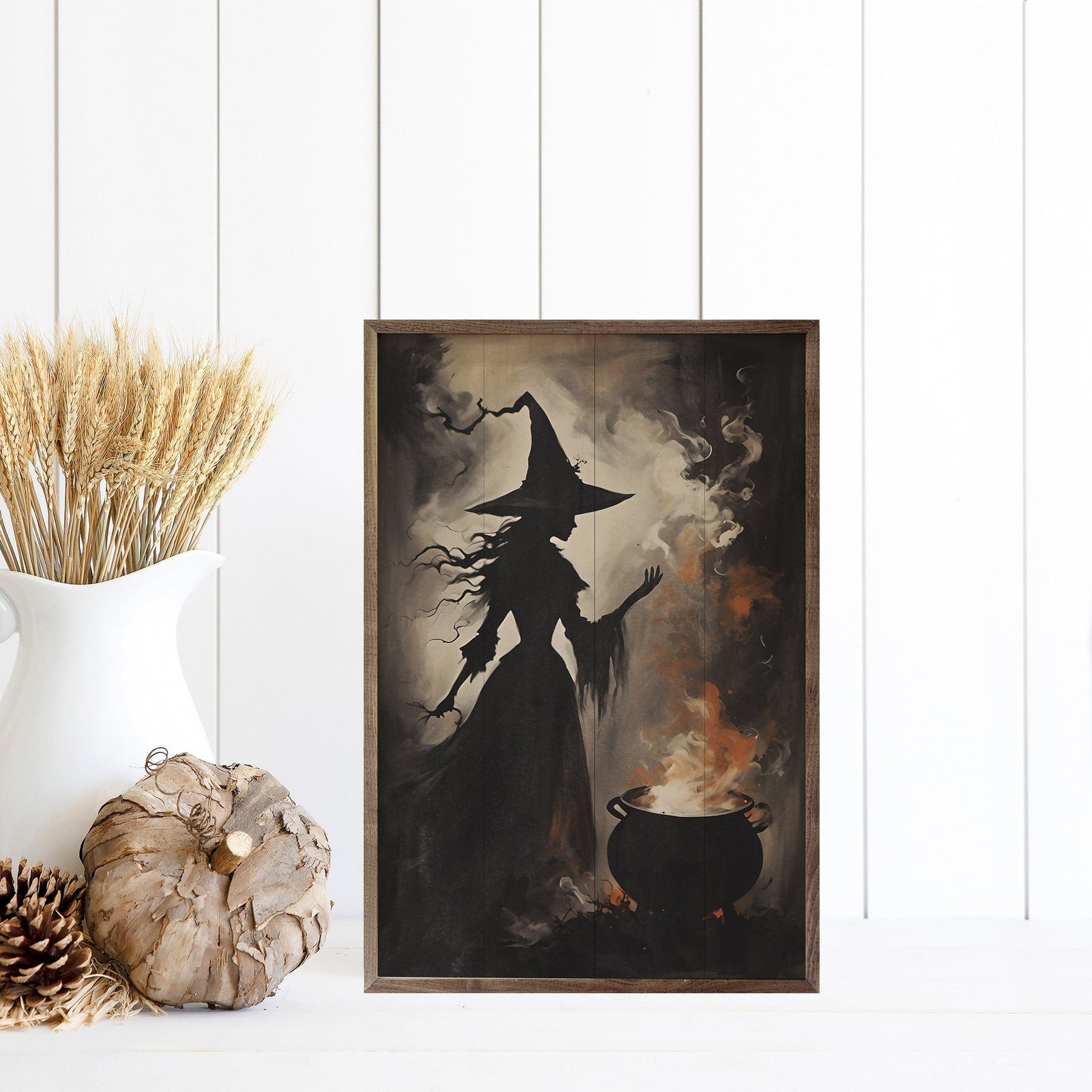 Kendrick Home Walnut Frames 5x8 Magic And Mystery Witch With Cauldron Printed and Framed Wall Sign