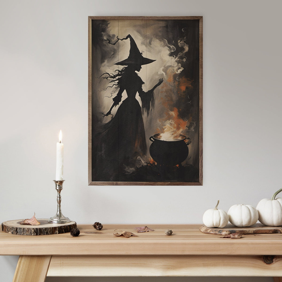 Kendrick Home Walnut Frames Magic And Mystery Witch With Cauldron Printed and Framed Wall Sign