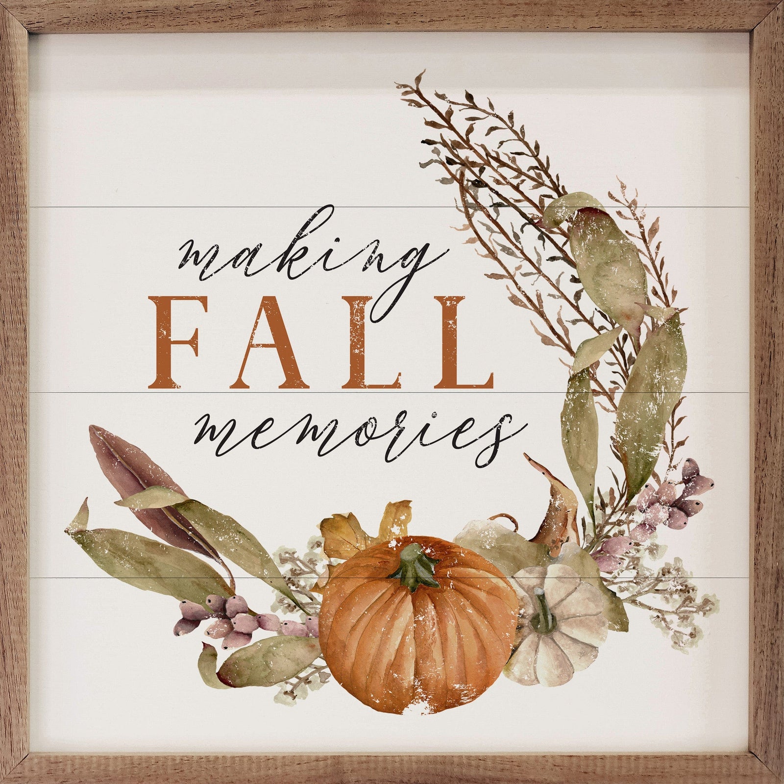 Kendrick Home Walnut Frames 4x4 Making Fall Memories Pumpkins White Printed and Framed Wall Sign