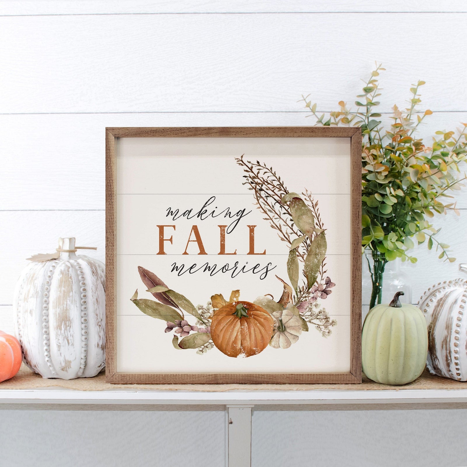 Kendrick Home Walnut Frames 4x4 Making Fall Memories Pumpkins White Printed and Framed Wall Sign