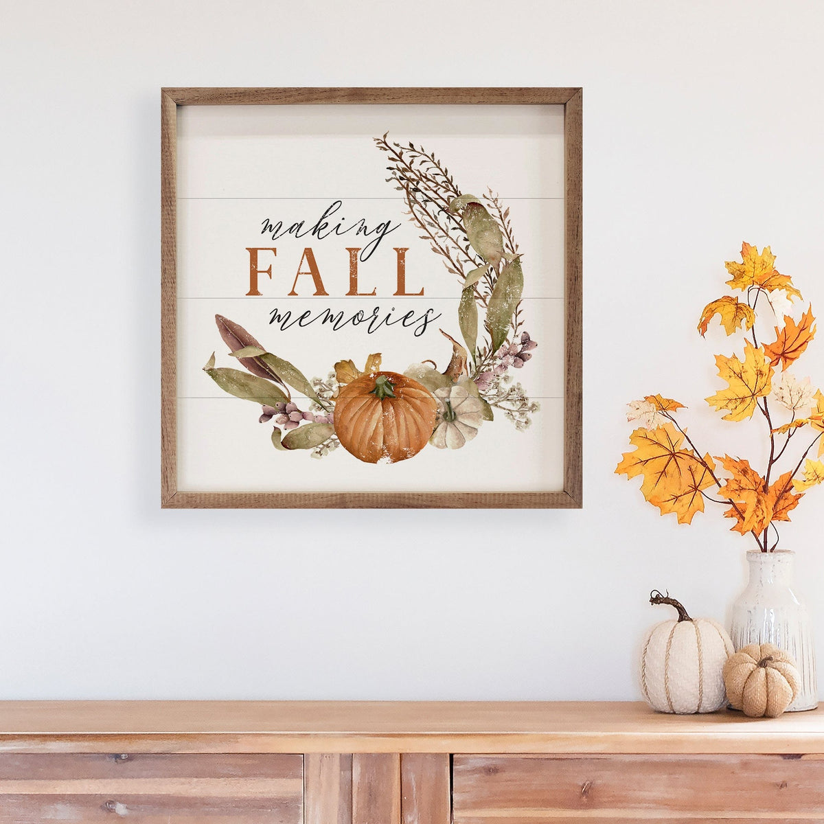 Kendrick Home Walnut Frames Making Fall Memories Pumpkins White Printed and Framed Wall Sign