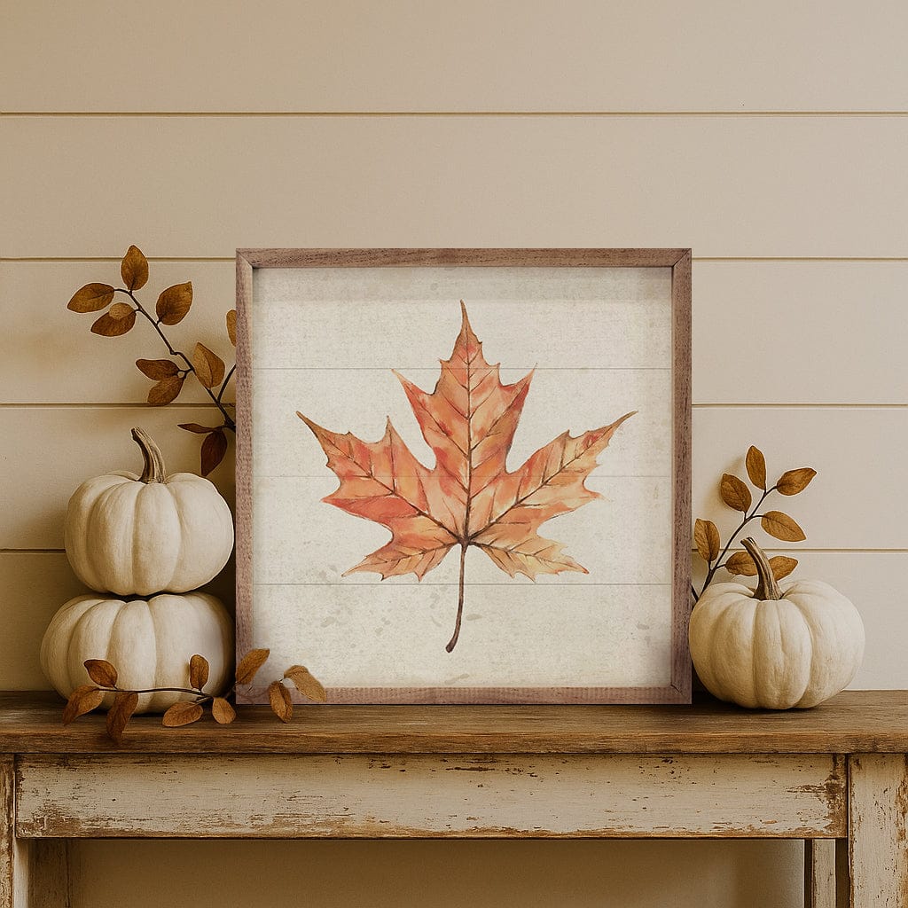 Kendrick Home Walnut Frames 4x4 Maple Leaf Printed and Framed Wall Sign