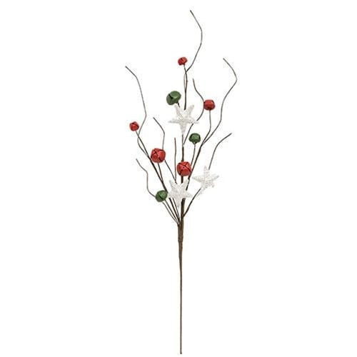 Medium Red, Green and White Jingle Bell and Star Pick / Spray 20&quot; High