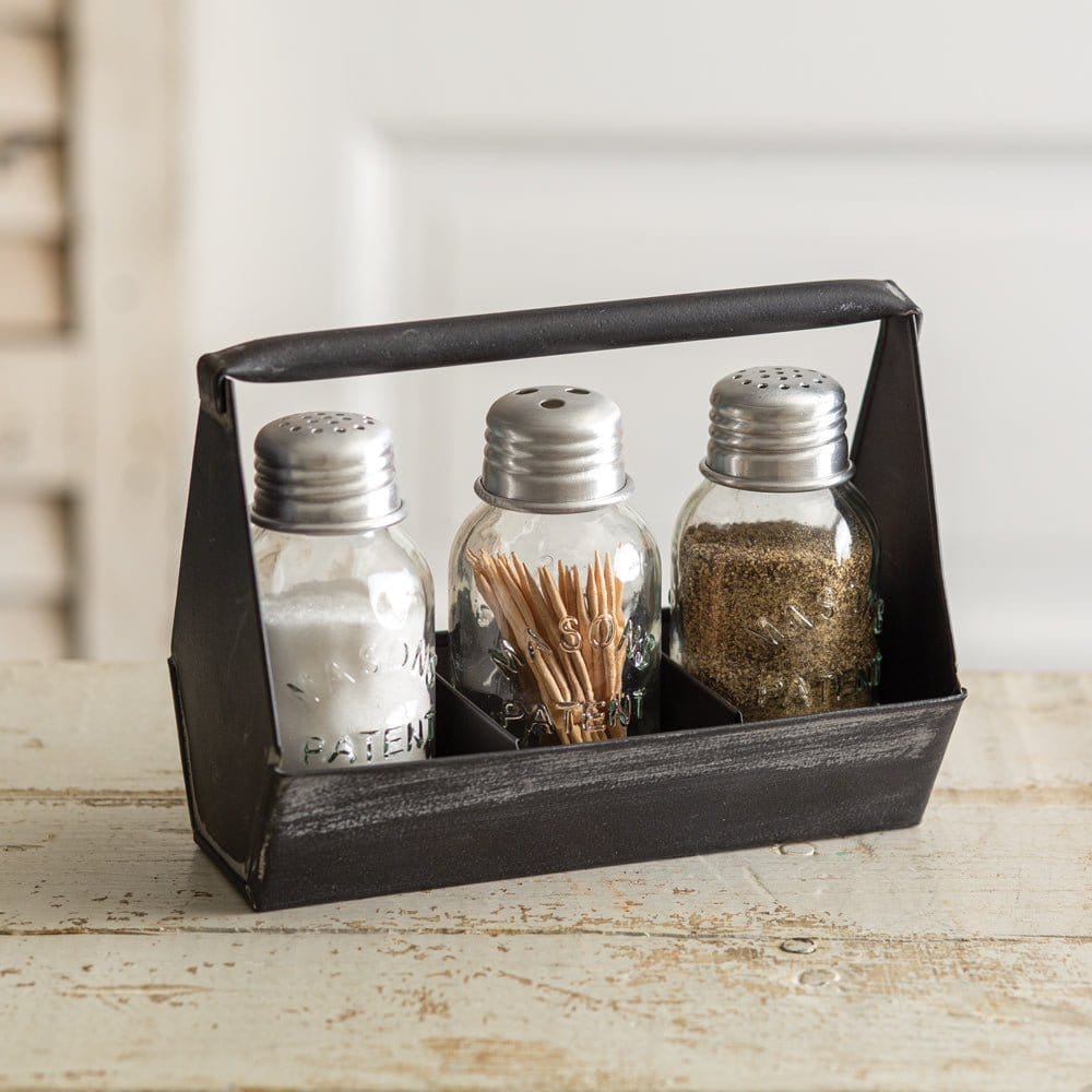 Metal Black Mini Mason Jars Salt & Pepper Shakers w/ Toothpick Holder & Caddy-CTW Home-The Village Merchant