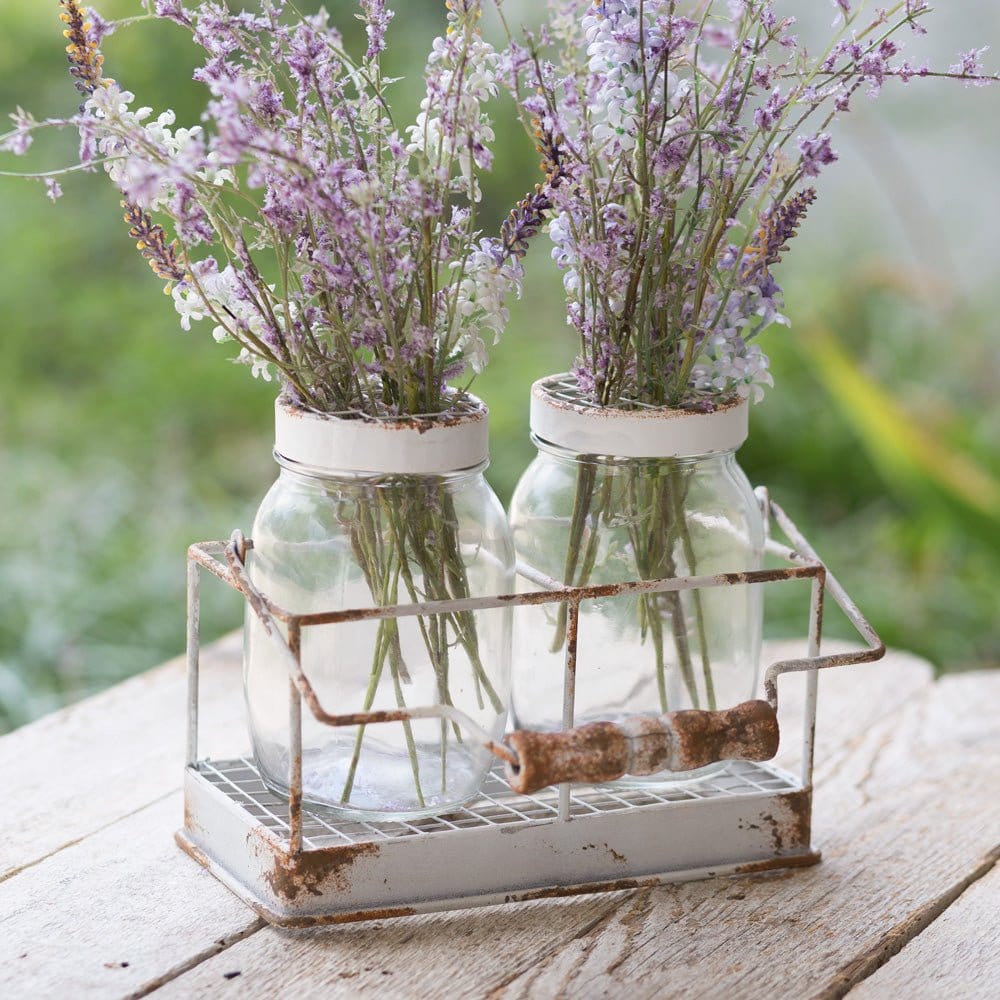 Metal & Glass Double Flower Frog Jar Vase Caddy / Carrier With Handle-CTW Home-The Village Merchant