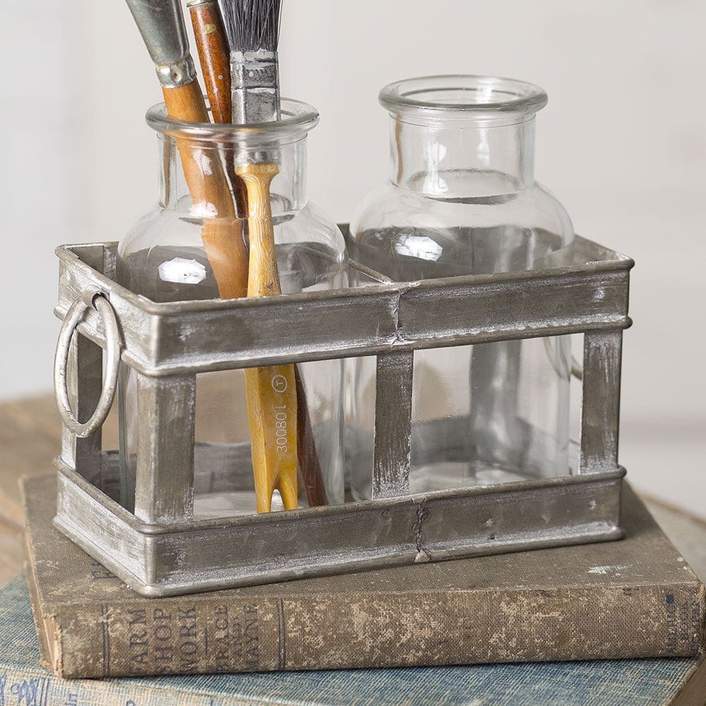 Metal & Glass Mini Double Carafe Caddy / Carrier Set of 2-CTW Home-The Village Merchant