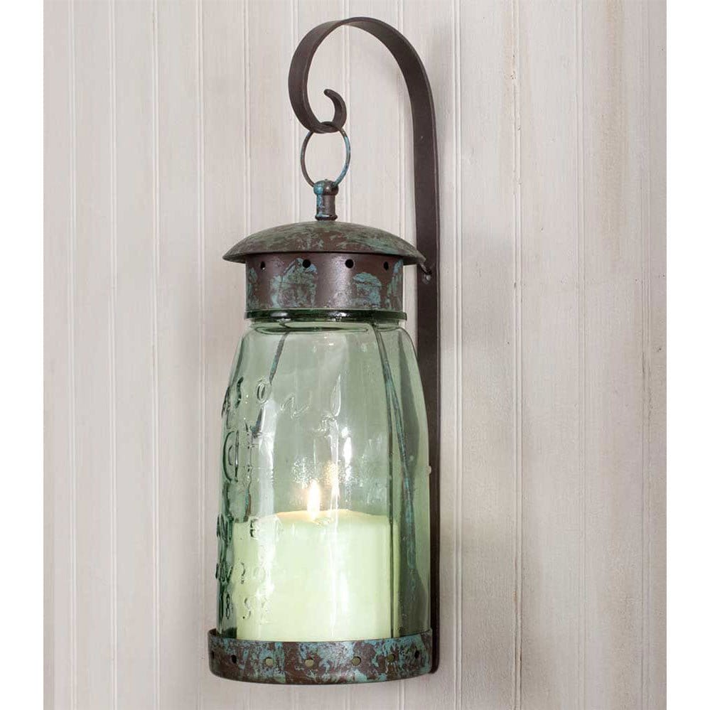 Metal &amp; Glass Quart Mason Jar Wall Sconce Hanging Lantern For Pillar Candles With Bracket-CTW Home-The Village Merchant