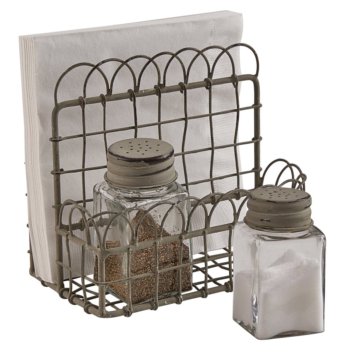 Metal & Glass Zinc Wire Caddy Napkin Holder W/ Salt & Pepper Shakers-Park Designs-The Village Merchant