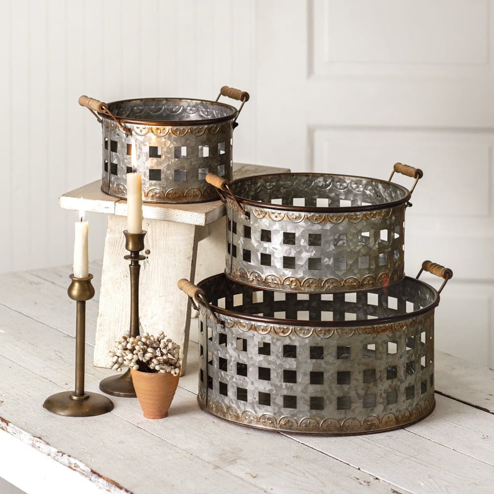 Metal Open Weave Basket With Wooden Handle Set of 3-CTW Home-The Village Merchant