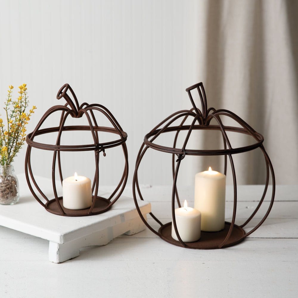 Metal Pumpkin Lantern Candle Holders Set of 2 Assorted Sizes-CTW Home-The Village Merchant
