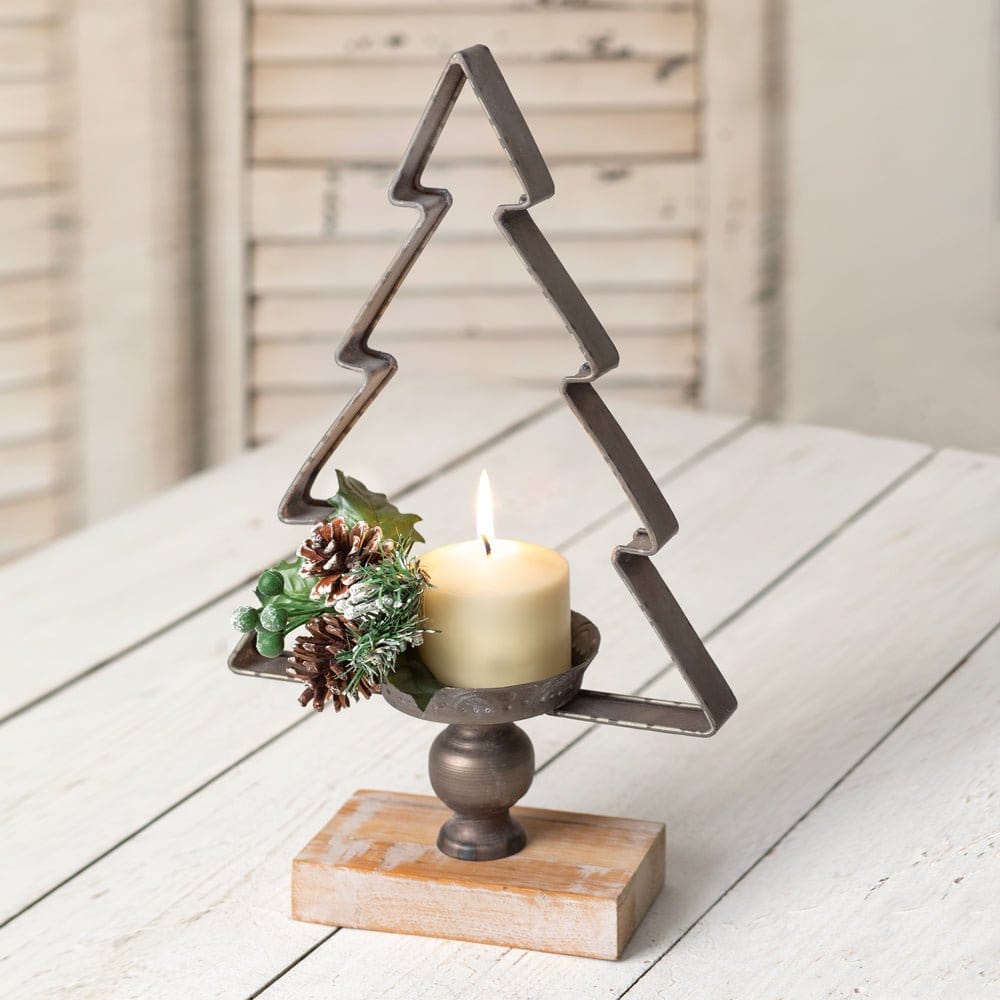 Metal &amp; Wood Christmas Tree Candle Holder For Pillar Candles-CTW Home-The Village Merchant