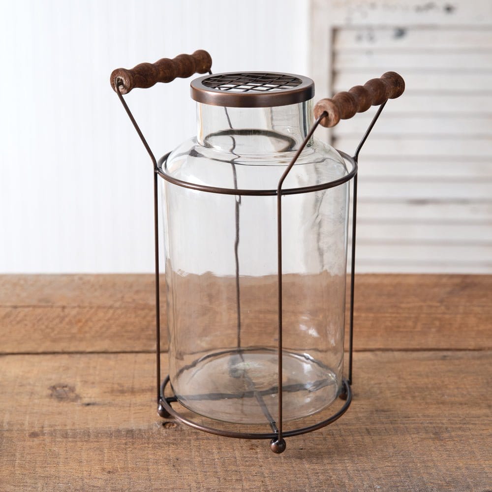 Milk Can Flower Frog Glass Vase & Metal Caddy With Handles-CTW Home-The Village Merchant