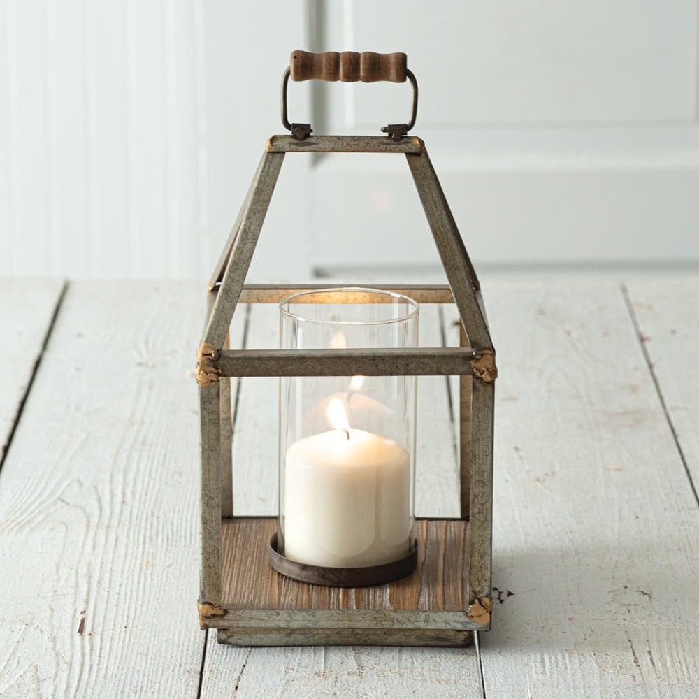 Mixed Metal &amp; Wood Small Lantern For Pillar Candles-CTW Home-The Village Merchant