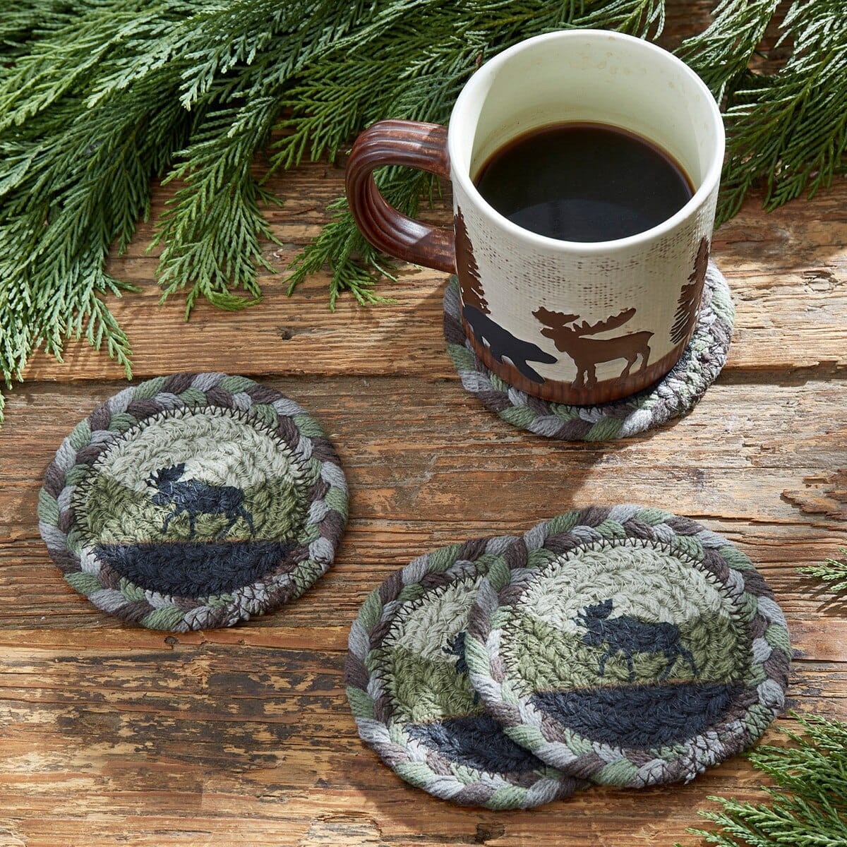 Park Designs Moose Braided & Printed Coaster Round Set of 4