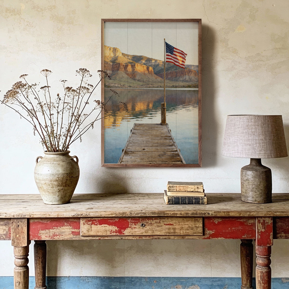 Kendrick Home Walnut Frames Mountain Lake Flag Dock Printed and Framed Wall Sign