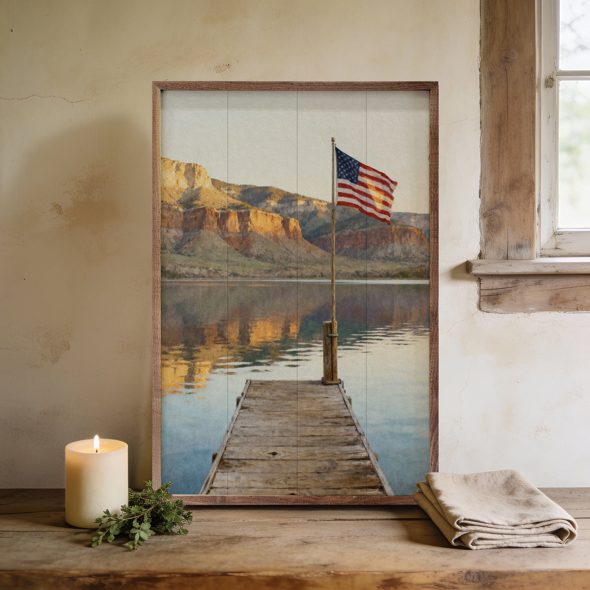 Kendrick Home Walnut Frames Mountain Lake Flag Dock Printed and Framed Wall Sign