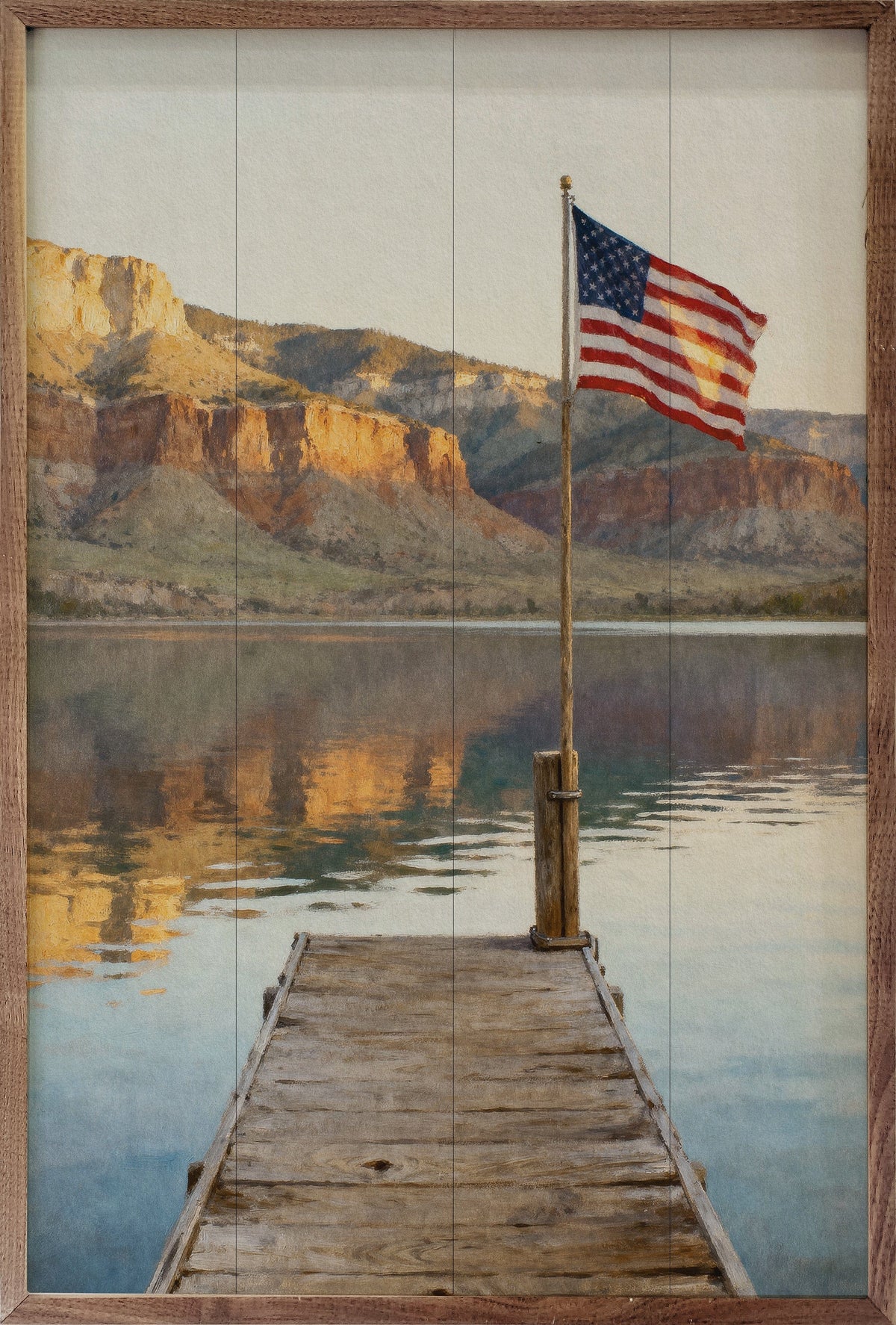 Kendrick Home Walnut Frames Mountain Lake Flag Dock Printed and Framed Wall Sign