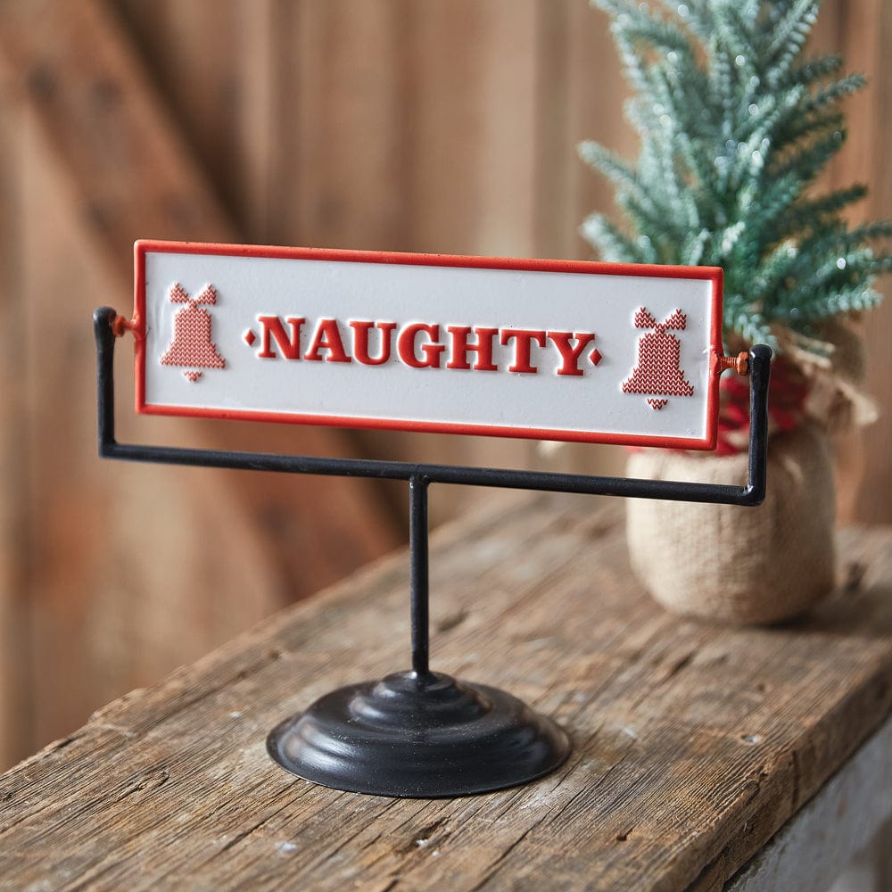 Naughty Nice Rotating Tabletop Embossed Metal Sign