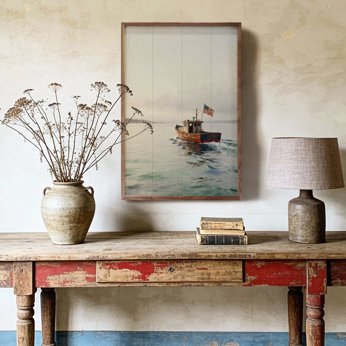 Kendrick Home Walnut Frames Nautical Americana Sailboat Printed and Framed Wall Sign