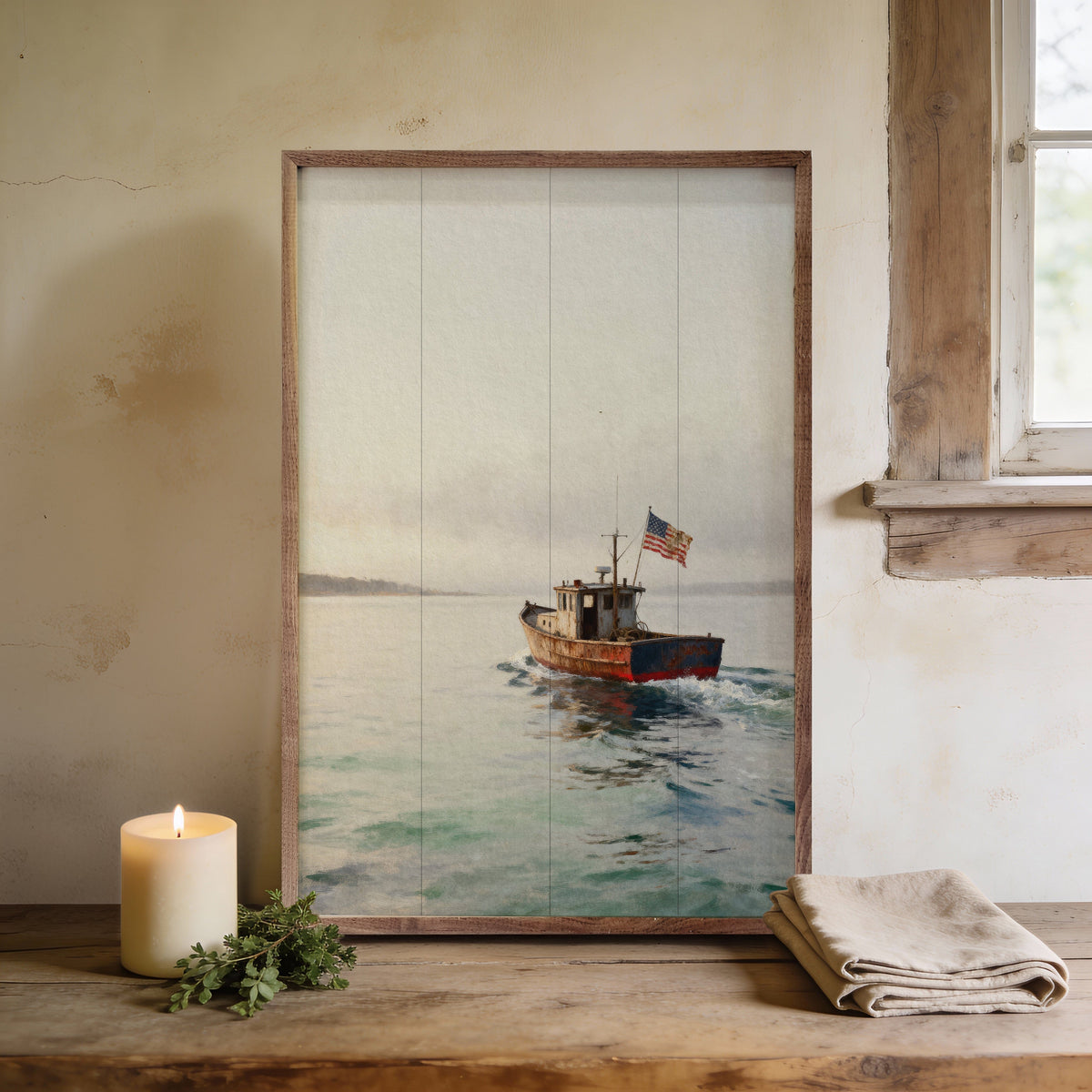 Kendrick Home Walnut Frames Nautical Americana Sailboat Printed and Framed Wall Sign