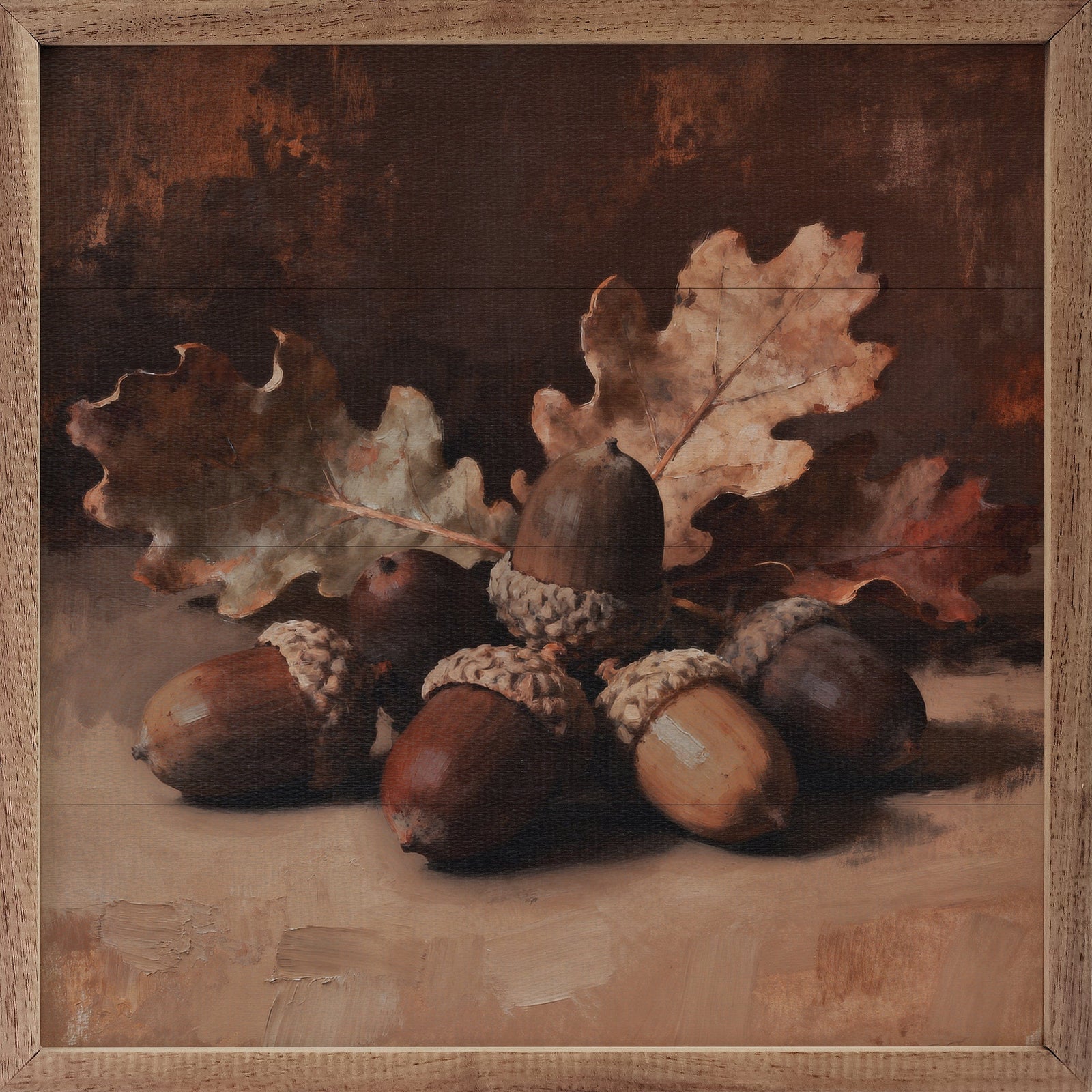 Kendrick Home Walnut Frames 4x4 Neutral Acorns Printed and Framed Wall Sign