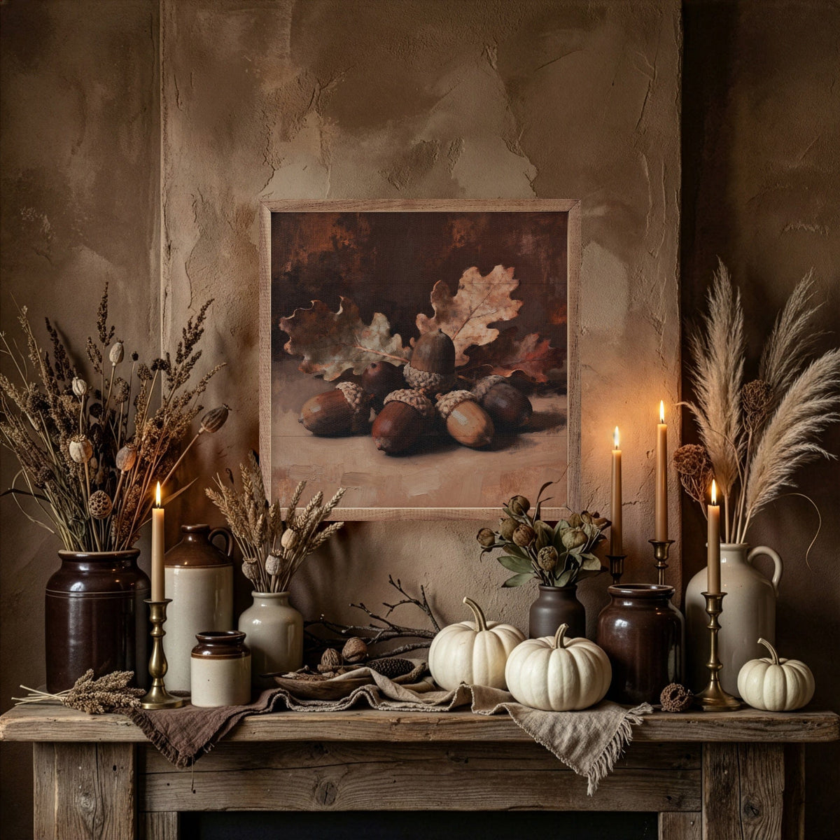 Kendrick Home Walnut Frames Neutral Acorns Printed and Framed Wall Sign