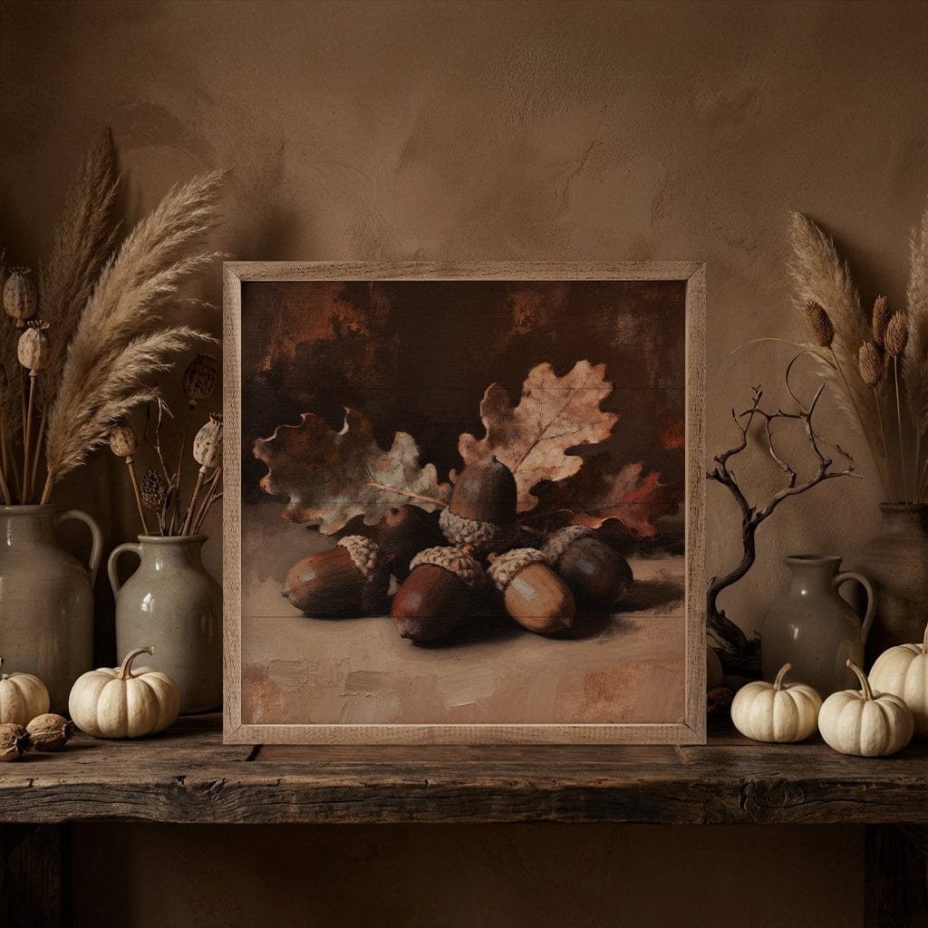 Kendrick Home Walnut Frames 4x4 Neutral Acorns Printed and Framed Wall Sign