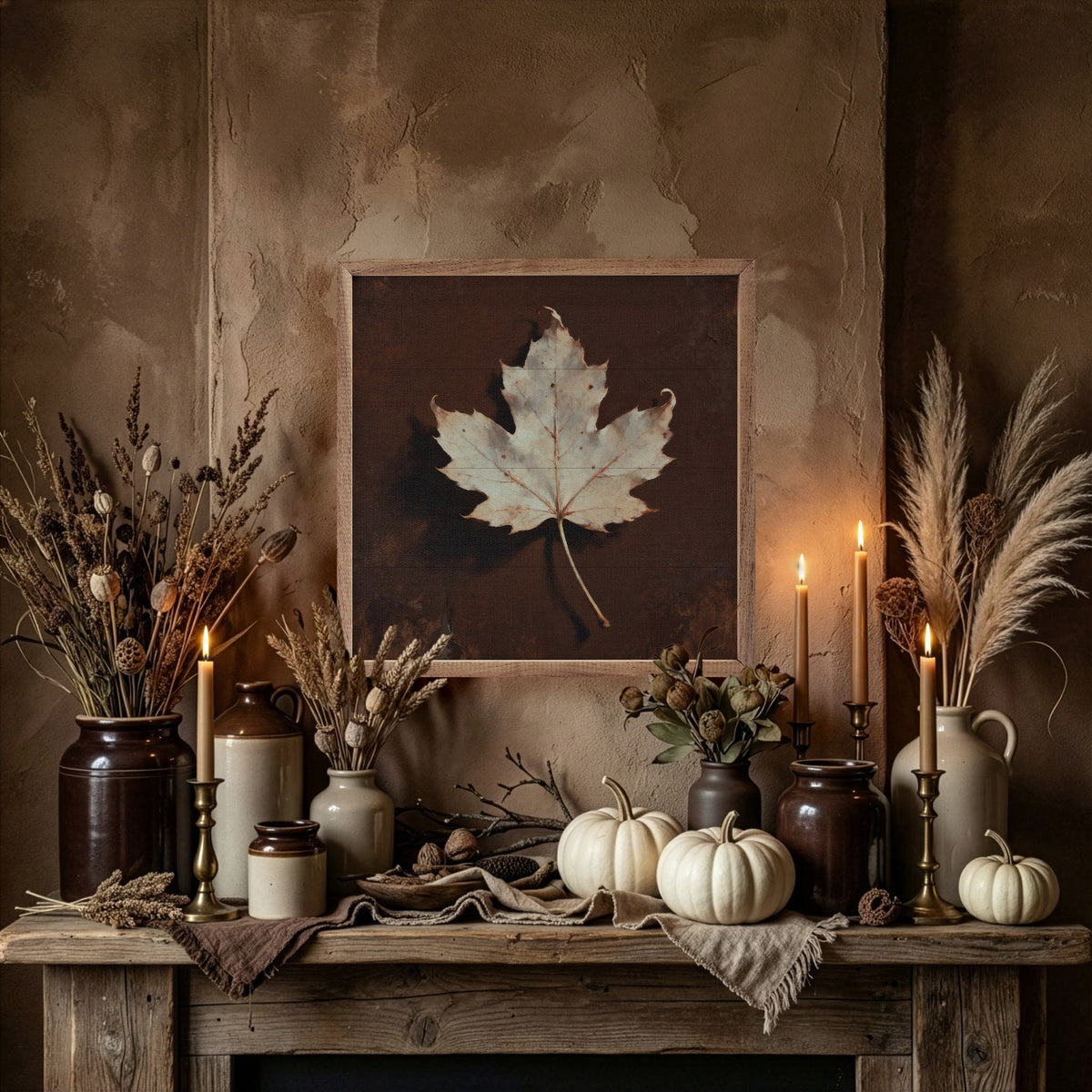 Kendrick Home Walnut Frames Neutral Maple Leaf Printed and Framed Wall Sign