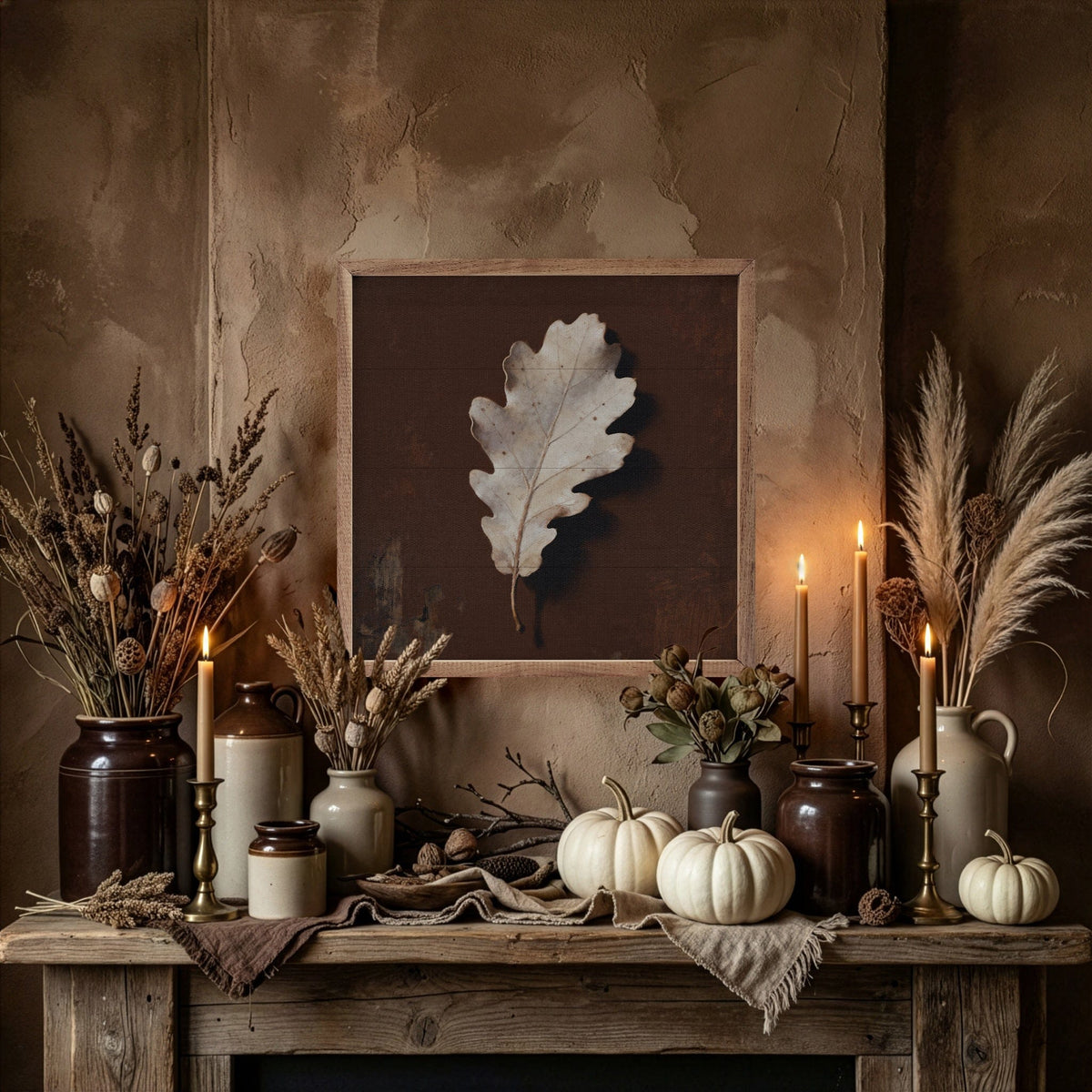 Kendrick Home Walnut Frames Neutral Oak Leaf Printed and Framed Wall Sign