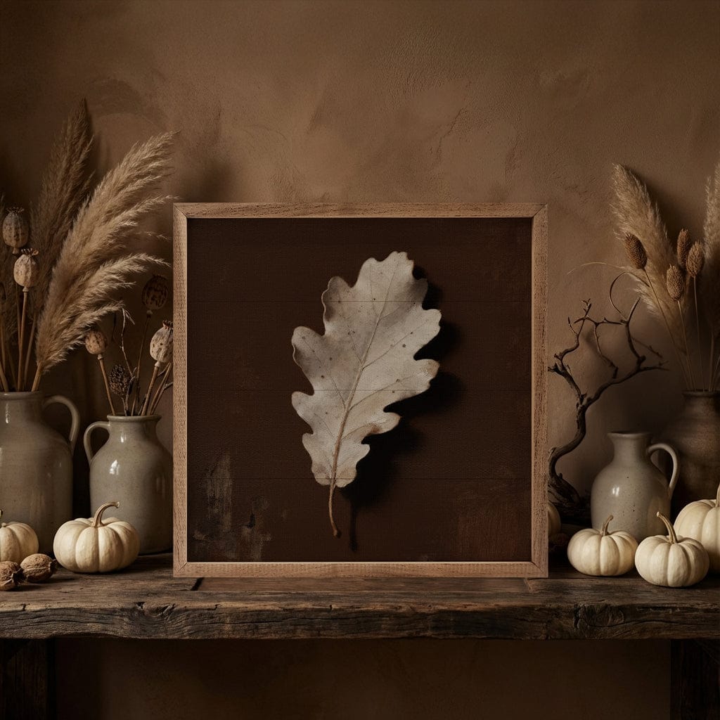 Kendrick Home Walnut Frames 4x4 Neutral Oak Leaf Printed and Framed Wall Sign
